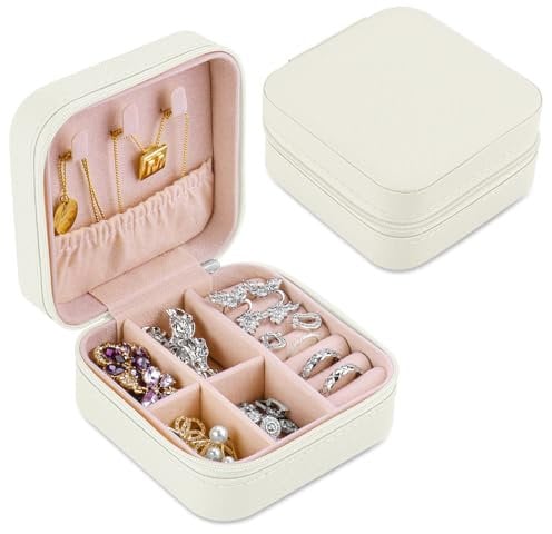 hoinya Jewellery Box, Travel Jewellery Box Organiser Small Portable Jewelry Storage Case for Bracelets, Earrings, Rings Gift, Girls, Women, Mother, Daughter, White
