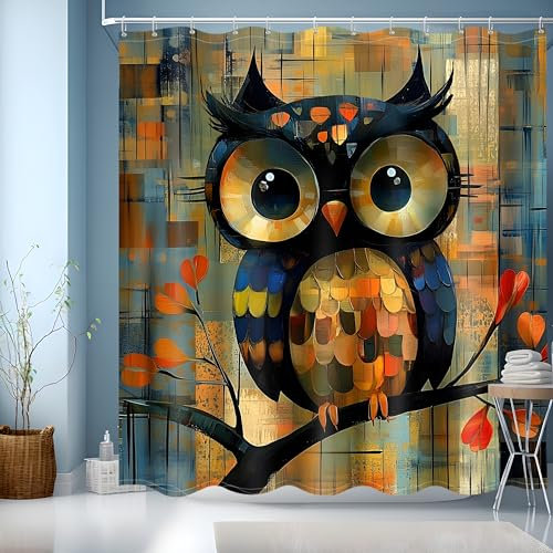 JINGYOU Tenda Doccia 180x200,Tende da Doccia,Tenda per Doccia Lavabili Tende per Vasca da Bagno Motivo Gufo Colorato con Ganci Tendina Doccia Con 12 Anelli(180x200cm)