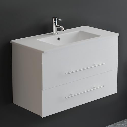 Alpenberger Juego de muebles de baño con lavabo, armario de baño con 2 cajones, armario colgante para baño, lavabo con armario bajo, mueble de baño, armario bajo lavabo blanco, 80 cm