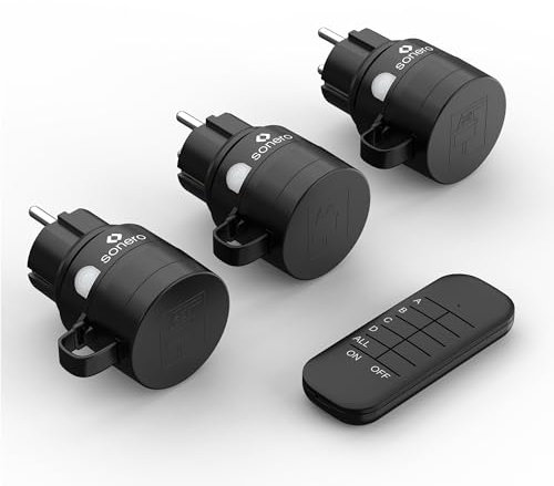 sonero Funksteckdosen mit Fernbedienung Aussen, Outdoor Set, 2300 Watt, 230V, 3 x Steckdose mit Funkfernbedienung, IP44, 30m Reichweite, Stromsparen, Schwarz