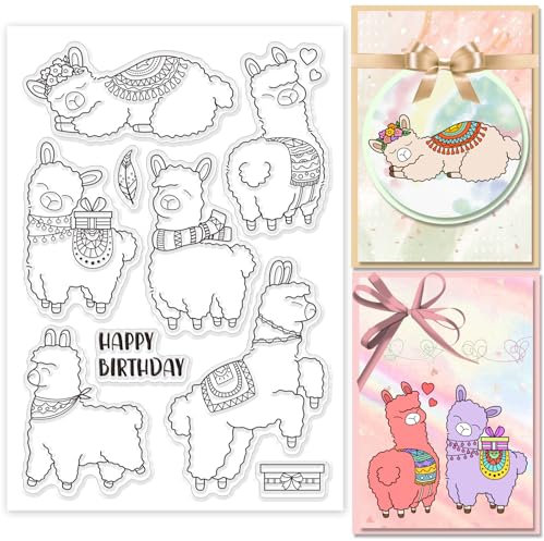 GLOBLELAND Stempel Mit Alpaka „Happy Birthday“ Geschenkbox Transparente Silikonstempel Siegel Mit Cartoon Tieren Transparente Stempel Für Selbstgemachte Scrapbooking Erstellen