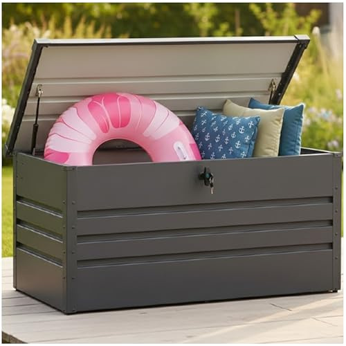 Ravigarden Coffre de Rangement Exterieur 400 L | 130 x 61 x 62 cm | Etanche | Métal (Acier galvanisé) | Couleur Anthracite | Couvercle Rabattable | Coffre de Jardin
