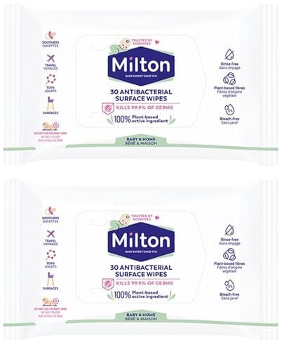 Milton Antibacterial Surface Wipes, 2 × 30‑Count – 100% Plant‑Based Alcohol, Kills 99.9% of Germs, Rinse‑Free & Bleach‑Free Disinfecting Wipes
