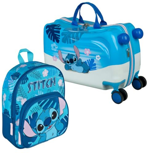 Kinderkoffer Ride-On Disney Stitch, Koffer Set mit Kinderrucksack, Personalisiert mit Name, Trolley zum Draufsitzen, Handgepäck Reisekoffer