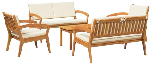 vidaXL 5-teiliges Bistro-Set mit Kissen aus massivem Akazienholz - Stylisches Outdoor-Sofa mit bequemen Stühlen für drinnen und draußen, tolle Gartenmöbel für die Terrasse oder Al Fresco, modern