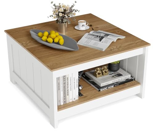 COSTWAY 2-Tier Coffee Table with Storage Shelf, Farmhouse Wooden Square Accent Cocktail Center Unit Sofa Side Tea Table for Living Room, Bedroom and Office, 80x80x45cm, Natural+White
