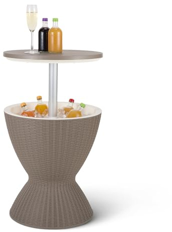 Amazon Basics Kühltisch Outdoor, Rattan-Bartisch mit 30,2l Kühlfach, Integriertes Abflussloch, 48cm x 48cm x 57–82cm, Braun und Weiß
