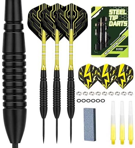WayArrival Steeldarts Set 22g – Premium Nickel-Silber Barrels (Schlanker als Messing) – Profi Dartpfeile mit Metallspitze für Sisal-Dartscheibe – Inkl. Schleifstein, 6 Ersatz-Flights & Schäfte, Etui