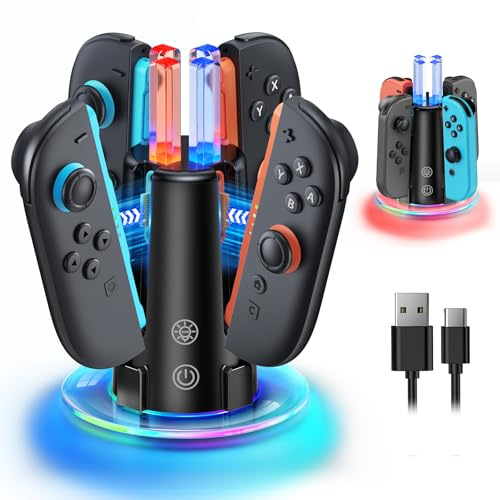 FYOUNG 8 en 1 Cargador para Nintendo Switch 2 & 1 y OLED con luz RGB - Accesorios de estación de carga para JoyCon 2 & 1 Controlador con indicador LED Game