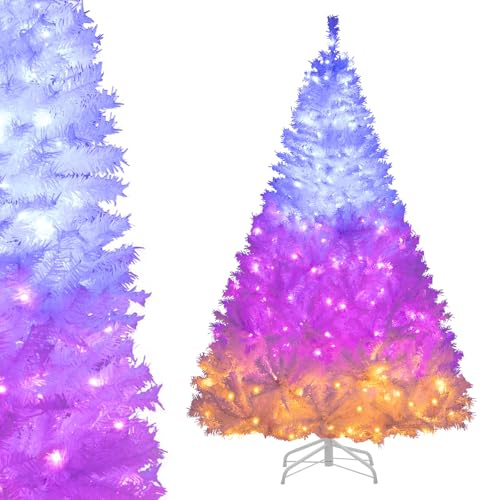 COSTWAY Künstlicher Weihnachtsbaum 180 cm, Tannenbaum mit Beleuchtung | 280 3-farbige LED-Lichter, 11 Lichtmodi, 1000 PVC-Spitzen, Metallständer, schneller Aufbau, weiß