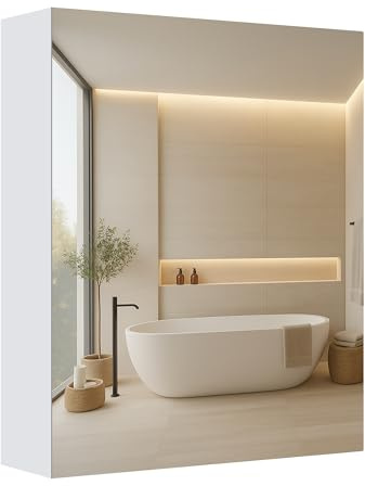 VASAGLE Spiegelschrank, Badezimmerschrank, mit 1 Tür, 13 x 50 x 60 cm | Aufbewahrungsschrank, mit verstellbaren Regalebenen, modern, weiß, KAILYN Kollektion BBK012WB01