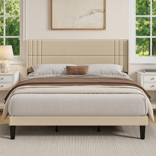 Blishom Polsterbett 180 x 200 cm, Bettgestell Doppelbett mit Kopfteil, Bettrahmen Stoffbett mit Lattenrost aus Holz, Gepolstertes Bettgestell, Beige
