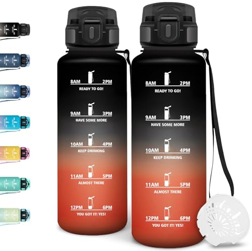 Motswedi Botella agua 1 5 litros, con Marcador de Tiempo, Botella agua Gimnasio, a Prueba de Fugas, Cantimplora, Cantimplora 1l, para Gym, Deportes, Oficina, Negro Rojo
