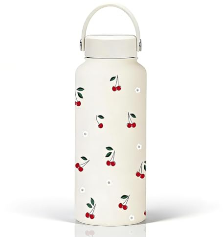 Cherry Water Bottle 32oz Stainless Steel Straw Lid Tumbler with Carry Handle for Women Girls, 1L Double-Walled Insulated Travel Coffee Cup, Leak-Proof, Portable Gift for Outdoor Birthday (A2)