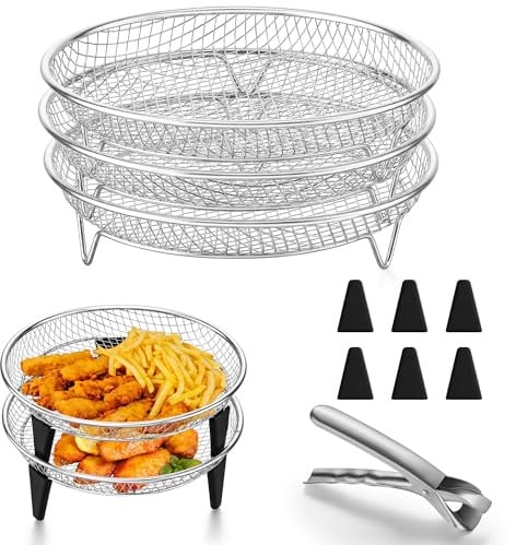 Onader Heißluftfritteuse Zubehör, 3-tlg Rund Edelstahl Frittierkorb | Grillrost für Airfryer, Grill Zubehör mit 8 Silikonfüßen & 1 Greifklammer für Frittieren Backen, Stapelbar, Spülmaschinenfest