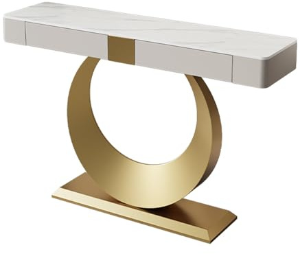 FQMYLTYN Entryway Console Table with Drawers, Compact Foyer Hallway Accent Table with Metal Base, Behind Sofa Couch, for Living Room, Entrance, Office(Gold,140cm/55in)