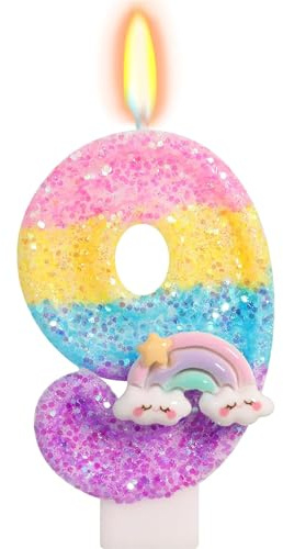Koboko Regenbogen Geburtstagskerze 9, Regenbogen Deko Kerze 9 Geburtstag Mädchen, Rainbow Geburtstagskerzen Zahlen 9, Kerze 9 Bunt Geburtstagsdeko 9 Jahre Mädchen, Geburtstagskerze 9. Geburtstag Party