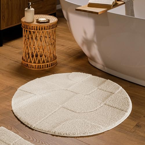 Wecon Home Badteppich Davie, 80 cm rund, Creme weiß | Uni Hoch-Tief, waschbar 30°C, rutschhemmend