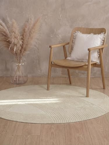 Ted Baker - Kensington Wollteppich Rund Victoria, Handgemacht & Natürlich, Weicher Wohnzimmerteppich, Hoch-Tief-Effekt, Geometrisches Boho Muster, Skandi für Wohnzimmer, Schlafzimmer - Creme, Ø 160 cm