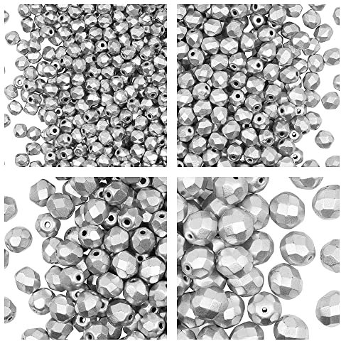Set aus Tschechischen Glasfeuerpolierten Perlen in Silbermatte Farbe zum Herstellen von Schmuck und Bastelarbeiten - Verschiedene Größen 3 mm, 4 mm, 6 mm, 8 mm. Insgesamt 275 Stück.