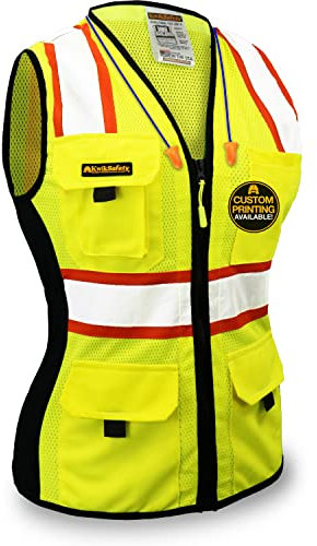KwikSafety First Lady Fire Fly Sicherheitsweste Klasse 2 für Frauen mit Taschen, hohe Sichtbarkeit, reflektierend, leicht, atmungsaktives Netzgewebe, FIRST LADY | Yellow | Qty: 1, Small