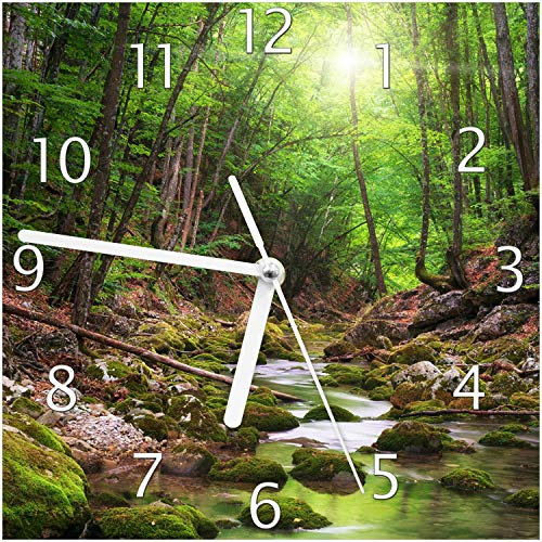 Wallario Design-Wanduhr Fluss im Wald aus Glas, Motiv-Uhr Größe 20 x 20 cm, weiße Zeiger