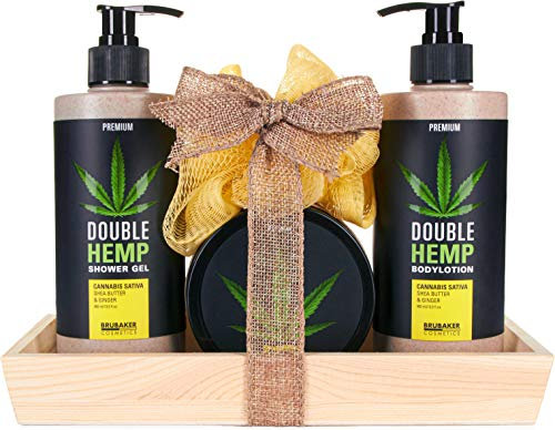 BRUBAKER Cosmetics Hemp Oil Body Care and Shower Set Shea Butter & Ginger with Wooden Tray (5 Pieces)