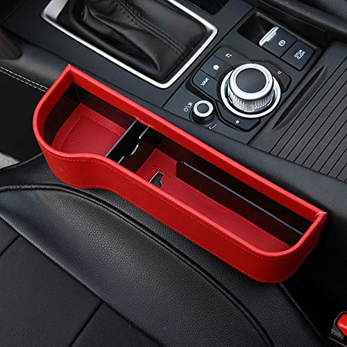 Sancosco Car Seat Gap Storage Box Cup Holder Multifunctional Car Seat Gap Filler Premium PU Leather Car Console Side Pockets (1pcs, Red, Left)