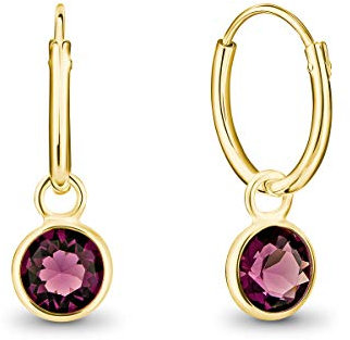 DTPsilver® KLEINE Creolen Ohrringe 925 Sterling Silber Gelb Vergoldet mit Swarovski® Elements Kristall Rund - Mädchen - Dicke 1.5 mm - Durchmesser 14 mm - Farbe : Amethyst