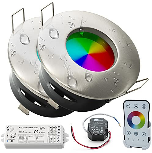Planetitaly KIT 2Pcs faretti cromoterapia LED RGB RGBW 12W IP65 24V incasso box doccia bagno turco centralina telecomando alimentatore 24V incluso (dimmerabile rgb+4000k) (COLORE SILVER SPAZZOLATO)