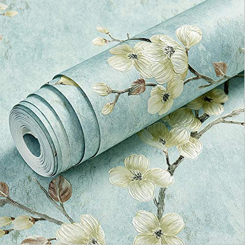 通用 3D Flower Tree Country Pastoral Retro Style Clothing Store Cafe Restaurant Bedroom Living Room TV Background Wall Non-Woven Wallpaper 20.87″Wx393.7″L Non-Pasted (Light Blue)