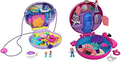 Polly Pocket GNH11 Muschel-Tasche & FRY38 - World Flamingo Schwimmring Schatulle Puppen Spielset, zum Sammeln, Mädchen Spielzeug ab 4 Jahren [Exklusiv bei Amazon]