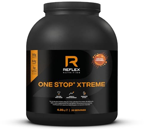 Reflex One Stop Xtreme Mass Gainer, Protein Powder, Salted Caramel, 4.35kg | All-in-one mass gainer with 55g protein, 10.3g BCAAs and 5,000mg creatine for muscle building.