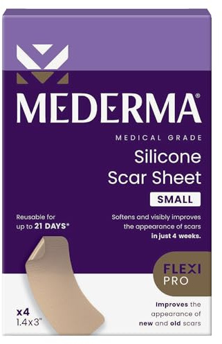 Mederma Lot de 4 feuilles de cicatrices en silicone de qualité médicale ; améliore l'apparence des anciennes et nouvelles cicatrices ; pour les blessures, les brûlures et les cicatrices chirurgicales