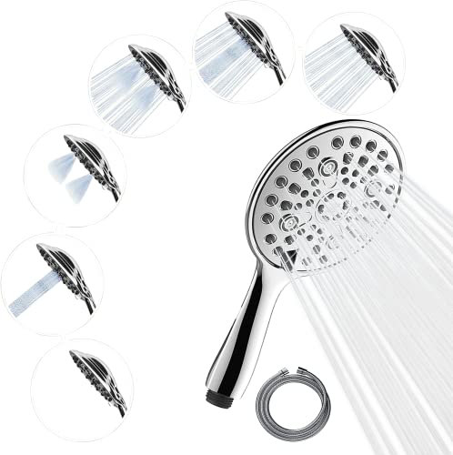 SparkPod 6-Function High Pressure Shower Head - 6 Wide Angle Handheld Shower Head Set with Brass Swivel Ball Bracket and 70 Inch Long Hose - Luxury Design (6 Function, Chrome)