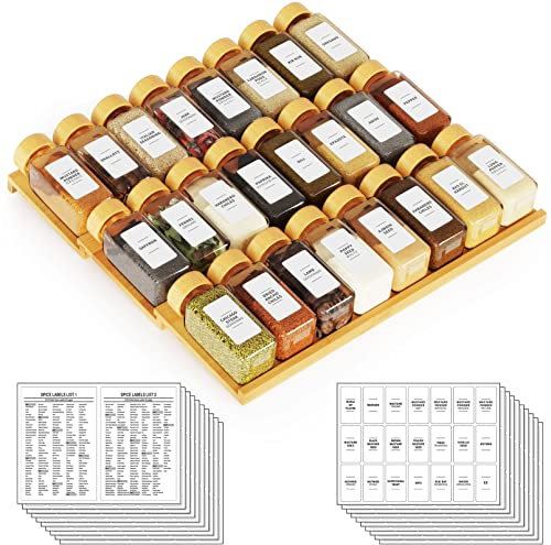 SpaceAid Bamboo Spice Drawer Organizer with 24 Spice Jars, 378 White Minimalist Spice Labels, 3 Tier Seasoning Rack Tray Insert for Kitchen Drawers, 15 Wide x 15 Deep x 2.6 Tall