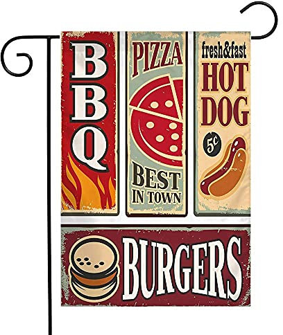 Garten Fahnen Lebendige Farbe Garten Aktivitäten Flagge Köstliche Vintage Fast Food Blechschilder Sammlung Im Alter Von 60Er Mustern, 40Er Retro Drink BBQ Vorlagen Außenbanner