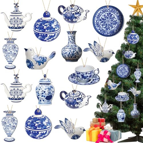 40 Pieces Blue and White Christmas Chinoiserie Ornaments - Wooden Hanging Decorations With Ginger Jar, Teapot, Bird Cup Designs