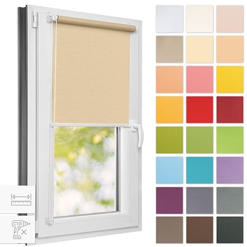 Estika Rollo für Fenster ohne Bohren - 150cm x 150cm - Cremefarbe - 25 Stofffarben, Klemmfix Montage, Fensterrollos für innen, Sichtschutz für Fenster und Balkontür (150 cm Stoffbreite)