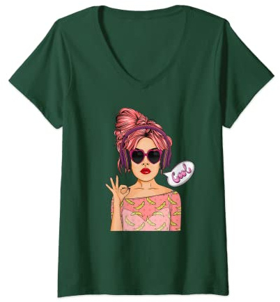Damen Cooles Comic-Mädchen-Pop-Art, Comic-Buch, Popart-Mädchen, mit Sonnenbrille T-Shirt mit V-Ausschnitt