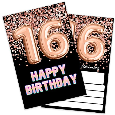 SHLINCO Einladung 16 Geburtstag Schwarz Gold Glitzer Geburtstag Party, 16 Geburtstag Einladung für Mädchen, Party Feier, Geburtstag Party Supplies (20 Einladungen + Umschläge)