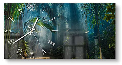 DEQORI Glasuhr | vertikal 60x30 cm | Motiv Licht durchdringt Palmen | große XXL Design Uhr aus Glas | leise Wanduhr für Wohnzimmer & Küche | Moderne Hingucker Uhr für die Wand