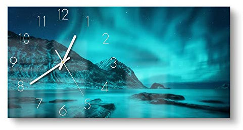 DEQORI Glasuhr | vertikal 60x30 cm | Motiv Polarlichter in Norwegen | große XXL Design Uhr aus Glas | leise Wanduhr für Wohnzimmer & Küche | moderne Hingucker Uhr für die Wand