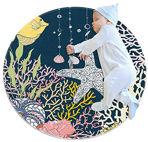 VBFOFBV Runder weicher Teppich für Kinder Baby Mädchen Teenager Zimmer Kreis Kinderzimmer Teppich für Schlafzimmer Wohnzimmer Wohnkultur,Cartoon Meer Tier Seestern Fisch Koralle Vintage