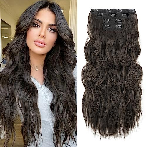 REECHO Clip in Extensions, 4PC Hair Extensions Clip in Haarverlängerungen 60 cm Dicke Lange Strandwellen Haarteile Unsichtbare Spitze Natürliche weiche Haarteile - Dunkelbraun