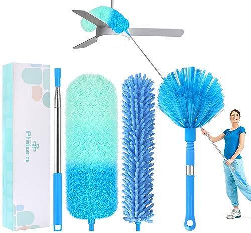 Philorn 5PCS Feather Duster Extendable, 110 Inches Microfiber Duster Cleaning Steel Telescopic Pole and Window Slot Cleaning Brush, Washable Duster for Cleaning Ceiling Fan, Blinds (Gradient Blue)