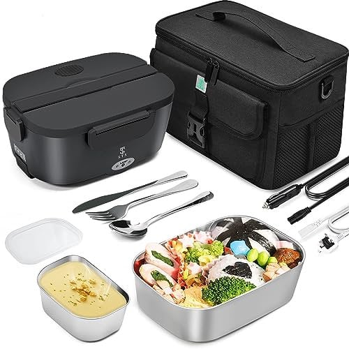 STN Electric Lunch Box Food Heater,Efficient Heated Lunch Box Set with Removable Pure 304 SS Container (1.5 L+ 0.45 L),Insulated Bags,Big Cutlery Set for 12v 24v 220v