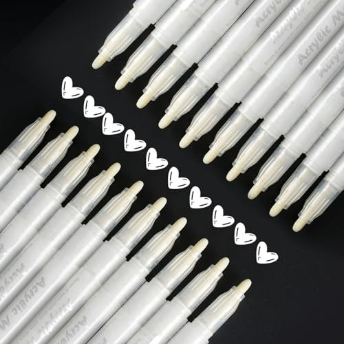 CUWELT 20 Stück Weiß Acrylstifte Marker Wasserfest, 2mm Weißer Marker Stifte, Feine Rundspitze Permanent Marker Set, Weiß Acryl Paint Stifte, Acrylstift für Steine, Holz, Schwarzes Papier, Glas, Stoff