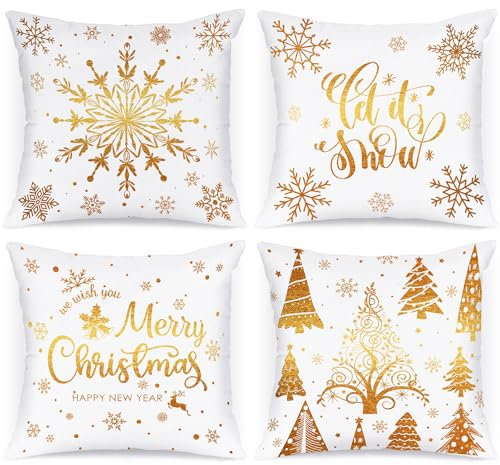 Lanpn 4 Stück Weiß und Gold Kissenbezug Weihnachten Kissenhülle 40x40 cm, Winterliche Schneeflocken Dekorative Weihnachtskissen für Weihnachtsdeko Christmas Bettwäsche Sofa Decorations (Gold)
