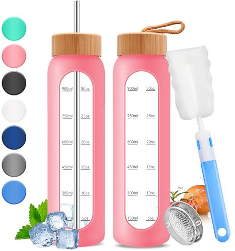 32oz Glass Water Bottle with Time Marker - 1000ml Large Motivational Water Bottle with 2 Bamboo Lids, Sealed & Straw Hole, 1L Bottle for Fitness with Stainless Steel Straw & Silicone Case (Pink)